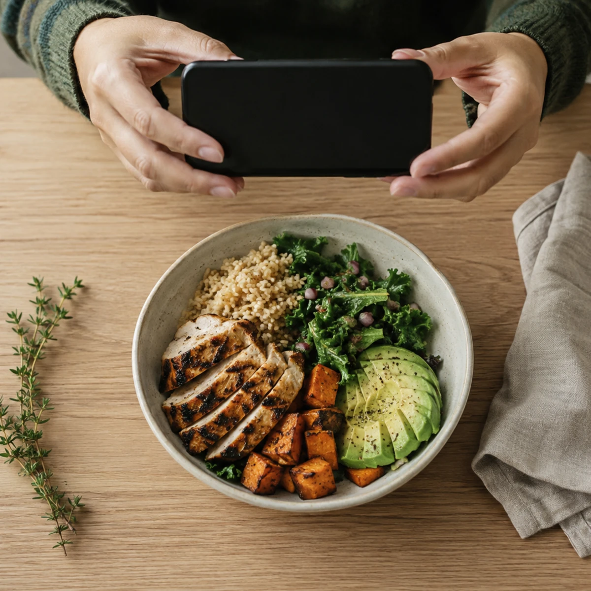A person photographing a grain bowl with chicken, sweet potato, kale, and avocado from above, phone in hand.